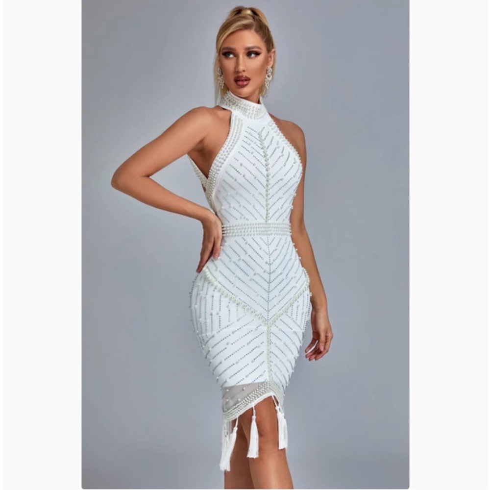 Chic White Beaded Midi Dress